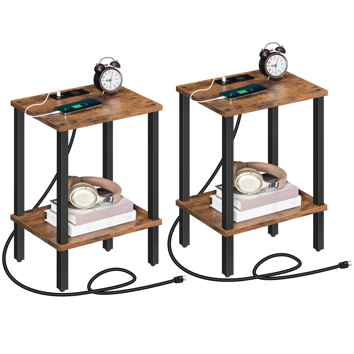 MAHANCRIS Side Table Set of 2, End Table with Charging Station, Nightstand with USB Ports and Outlet, Wooden Bedside Table for Small Space,Living Room, Bedroom, Easy Assembly, Rustic Brown ETHR79E01S2