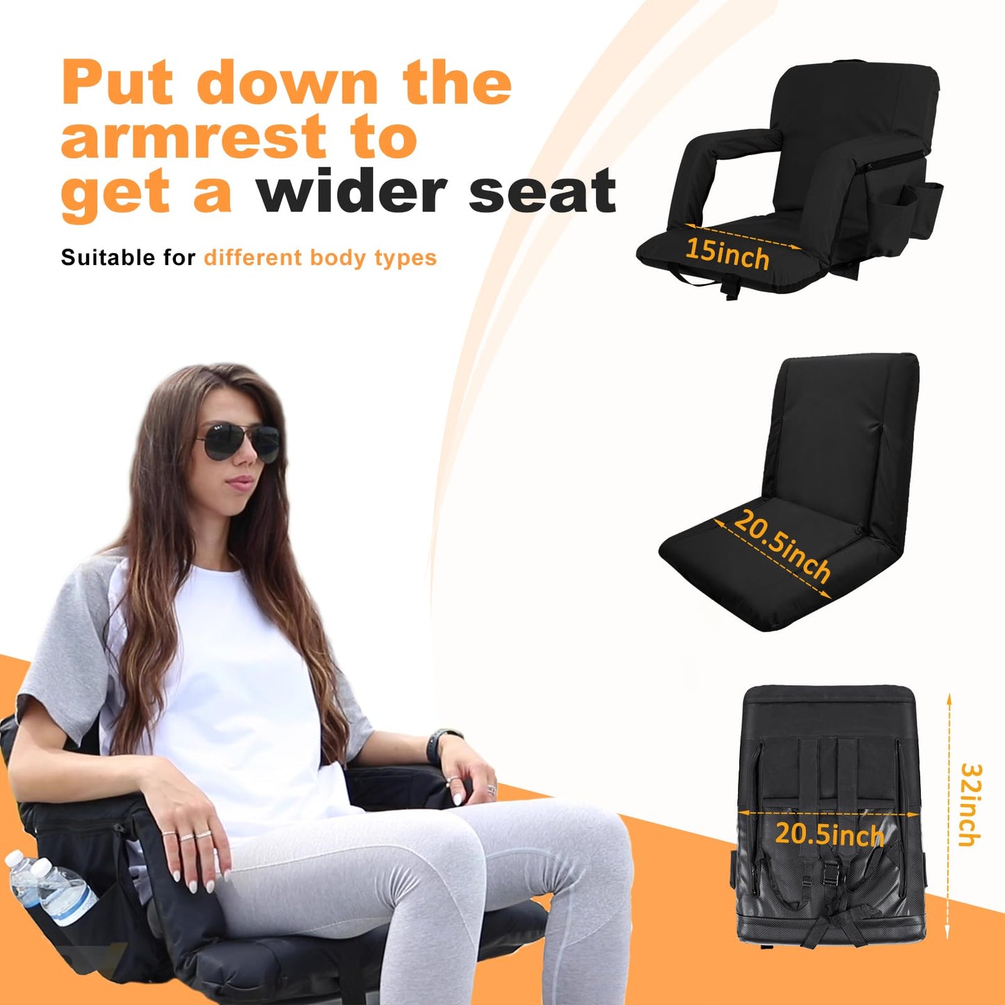 nalone Folding Stadium Seat Set of 2, 20.5 inch Wide Stadium Chairs for Bleachers Stadium Seat Bleacher Chairs Portable with Back Supports Thick Padded Cushion Armrests Reclining(Black)