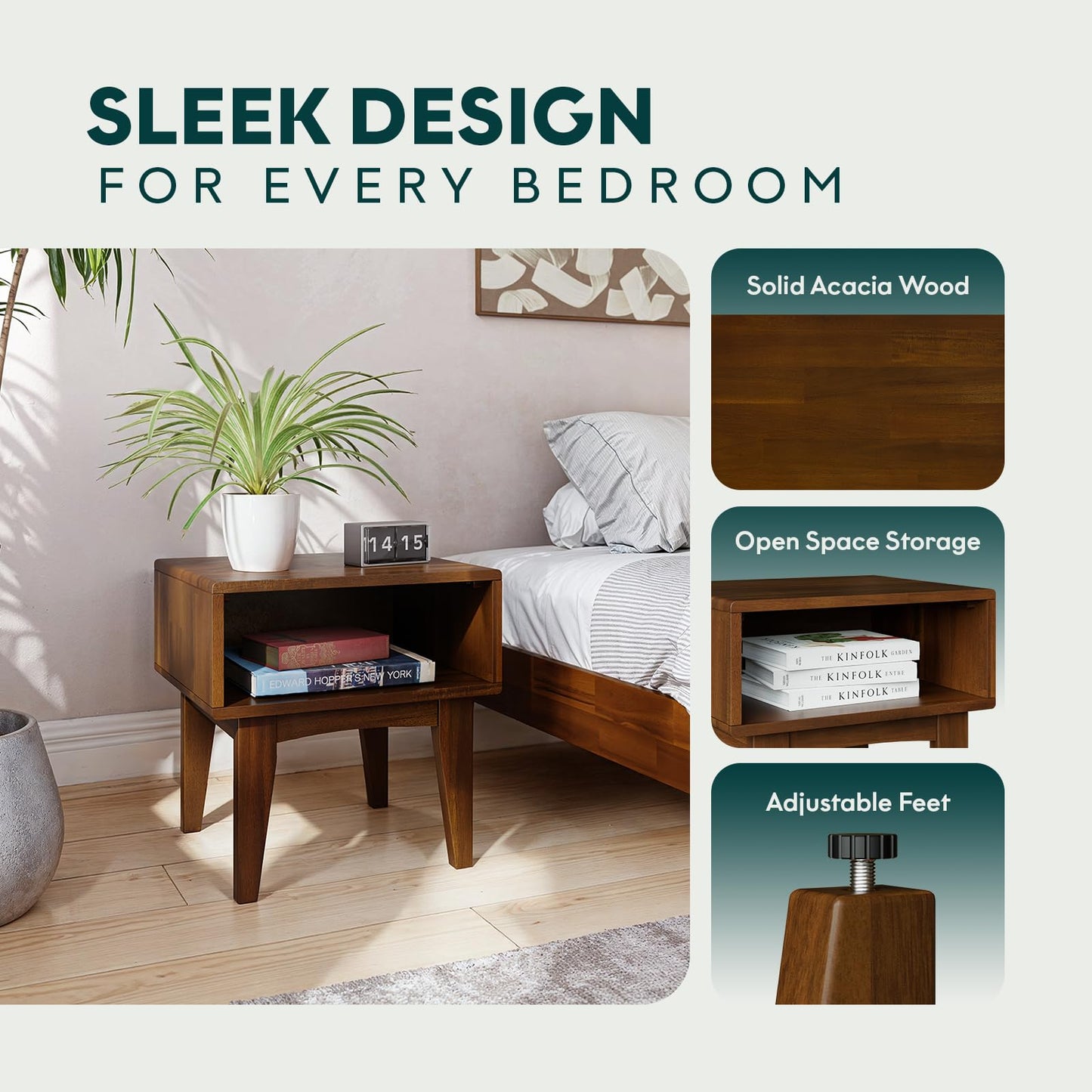 Bme Catherine Acacia Wood Nightstand, Modern Living Room Side Table, Wood Nightstand Without Drawer, End Table for Bedroom, Reading Room, Study Room, Easy Assembly – Dark Chocolate