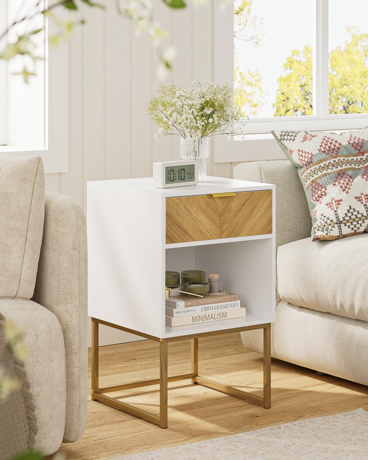 Apetaccat Nightstand,Modern Night Stand Boho Farmhouse Wood Bedside Table with Storage Drawer and Open Shelf,Side End Table for Bedroom,Living Room,White