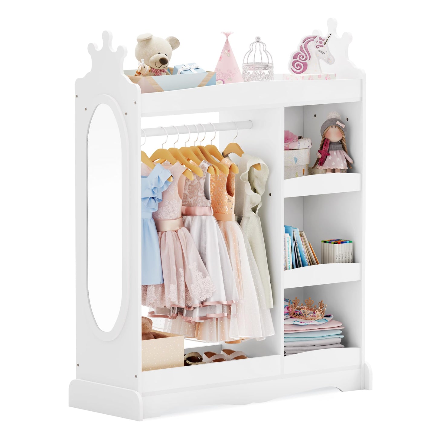 Curipeer Kids Dress up Storage with Mirror, Kids Wardrobe with 3 Hooks, Kids Closet for Girls Boys, Open Hanging Armoire Costume Organizer for Bedroom, Preschool, Classroom, White