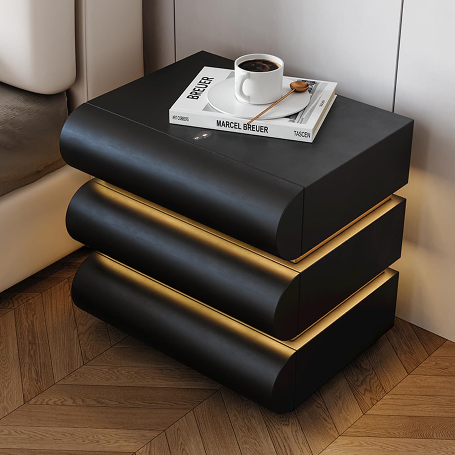 Night Stand with LED Light, Leather Nightstand, Modern Bedside Table with 3 Solid Wood Drawers, No Assembly Required(19.7''H) (Black)