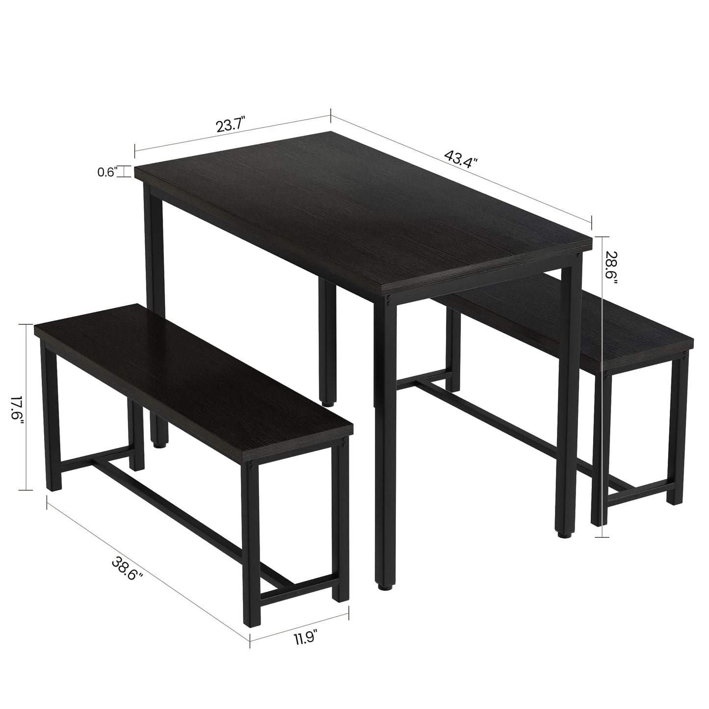 Recaceik Dining Table Set for 4 Kitchen Table Set with 2 Dining Benches, 3 Piece Farmhouse Dining Room Table Set Industrial Breakfast Nook Table Set for Small Space, Apartment, Black