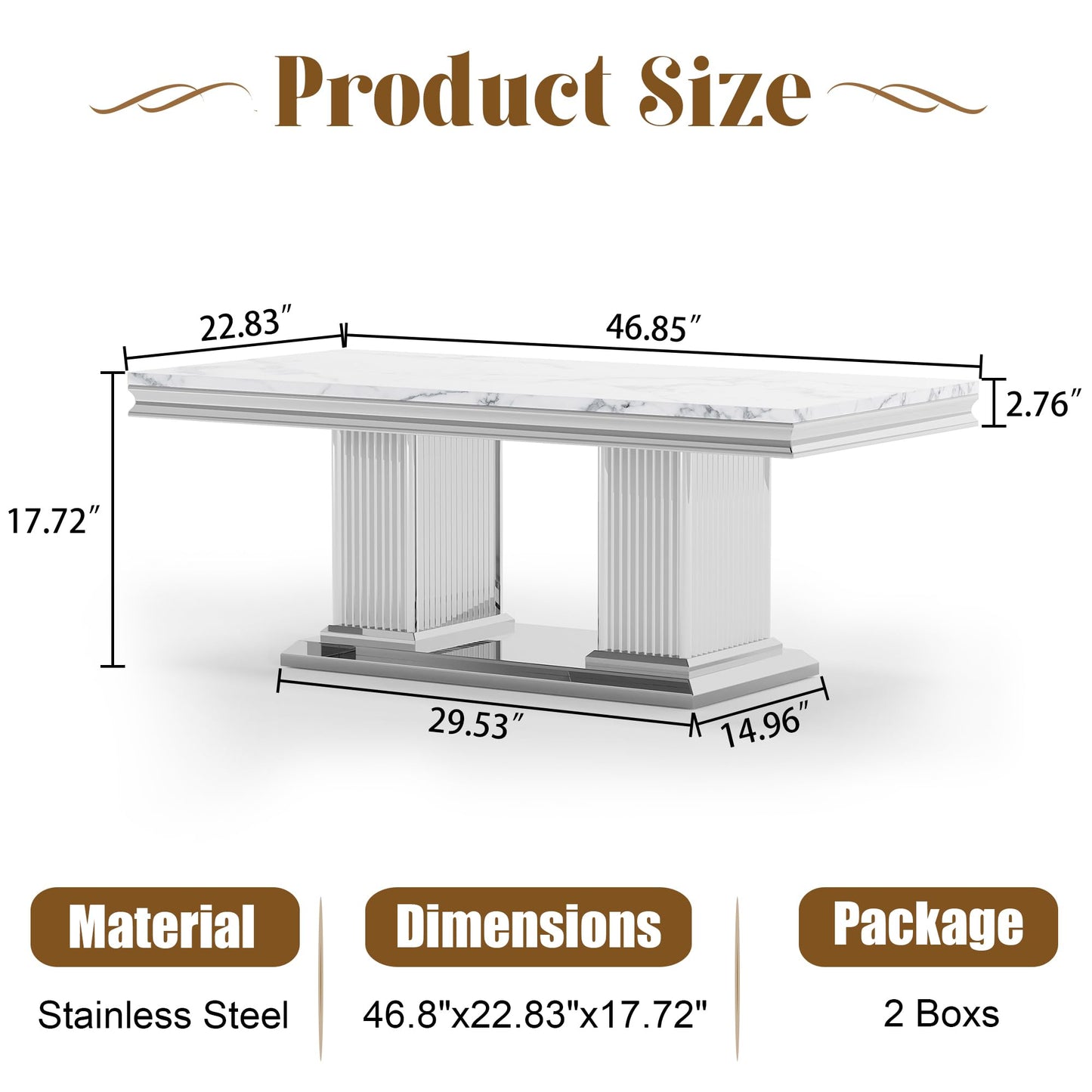 ModaWhly Modern 47" Marble Coffee Table, Large Living Room Center Table with Faux Marble top & Columnar Stainless Steel Base, Elegant White & Silver Design for Bedroom, or Reception Area