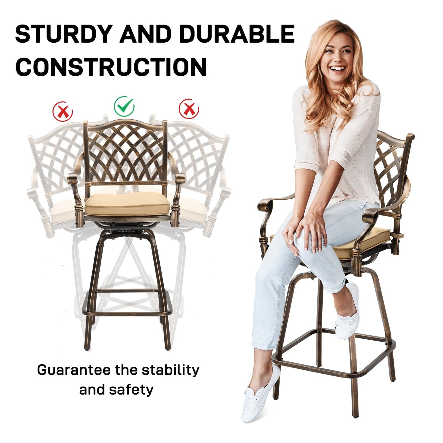 VINGLI 3 Piece Outdoor Patio Bar Set, Cast Aluminum Outdoor Swivel Bar Stools and Table w/Umberlla Hole, All-Weather Outdoor Bar Table and Chairs High Top Bistro Set w/Cushions (Grid Back)