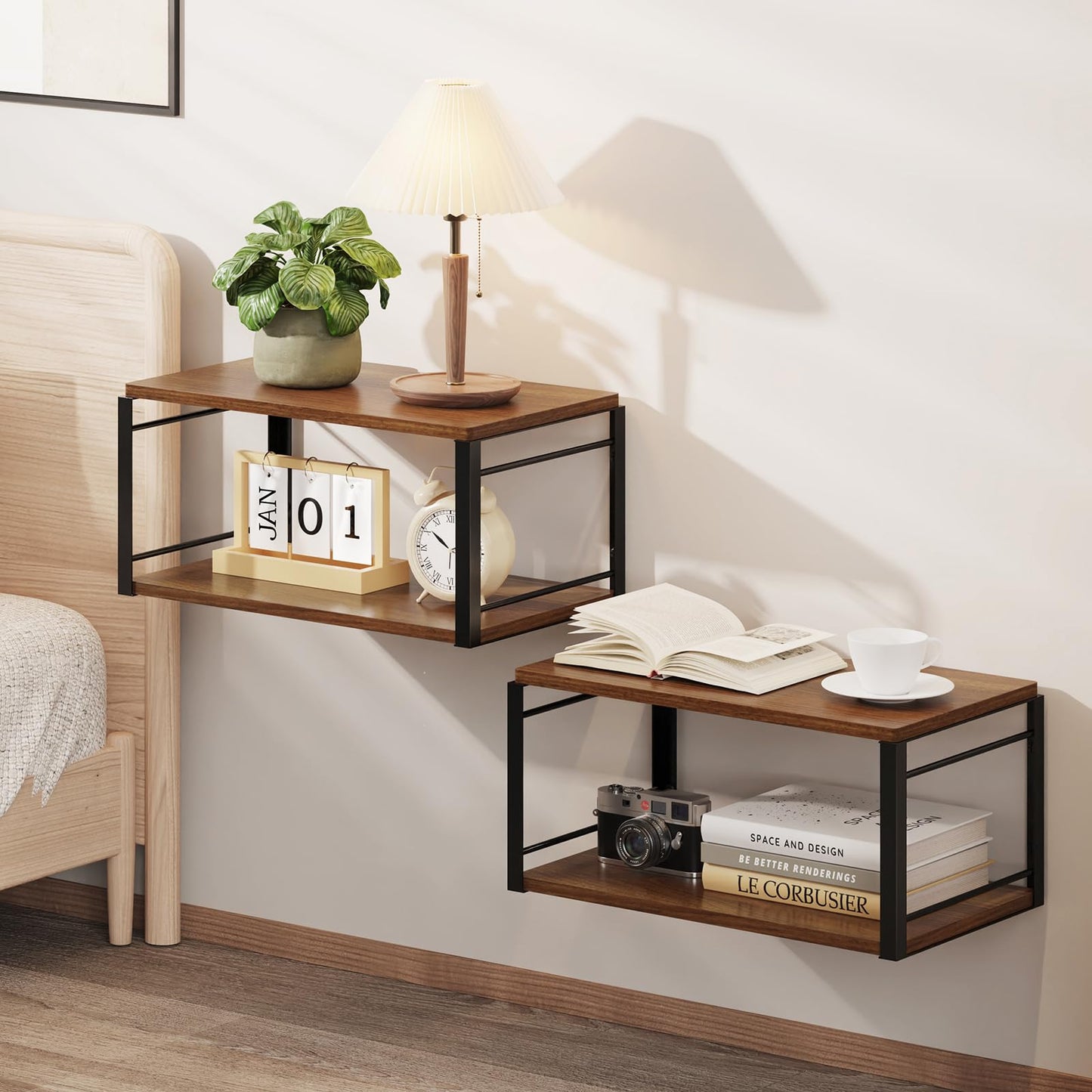 NANAGIFTREE Floating Nightstand Wall Shelf, Wood Bedside Shelf Wall Mounted Nightstand Set of 2, Floating Bedside Table for Bedroom, Living Room, Bathroom, Kitchen, Office (Vintage Brown)