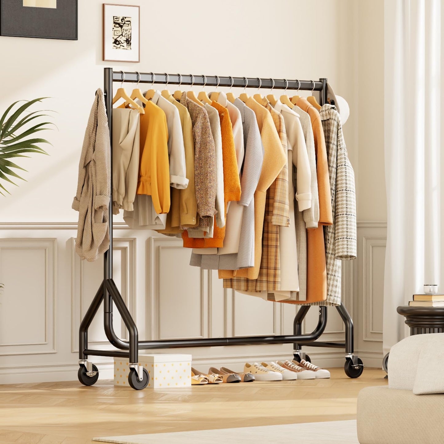 HYSEYY Clothes Clothing Rack, Rolling Heavy Duty Clothes Rack Load 420 LBS With Wheels, Metal Clothes Rack for Hanging Clothes, Portable Standing Clothes Garment Rack, Black,48 inches
