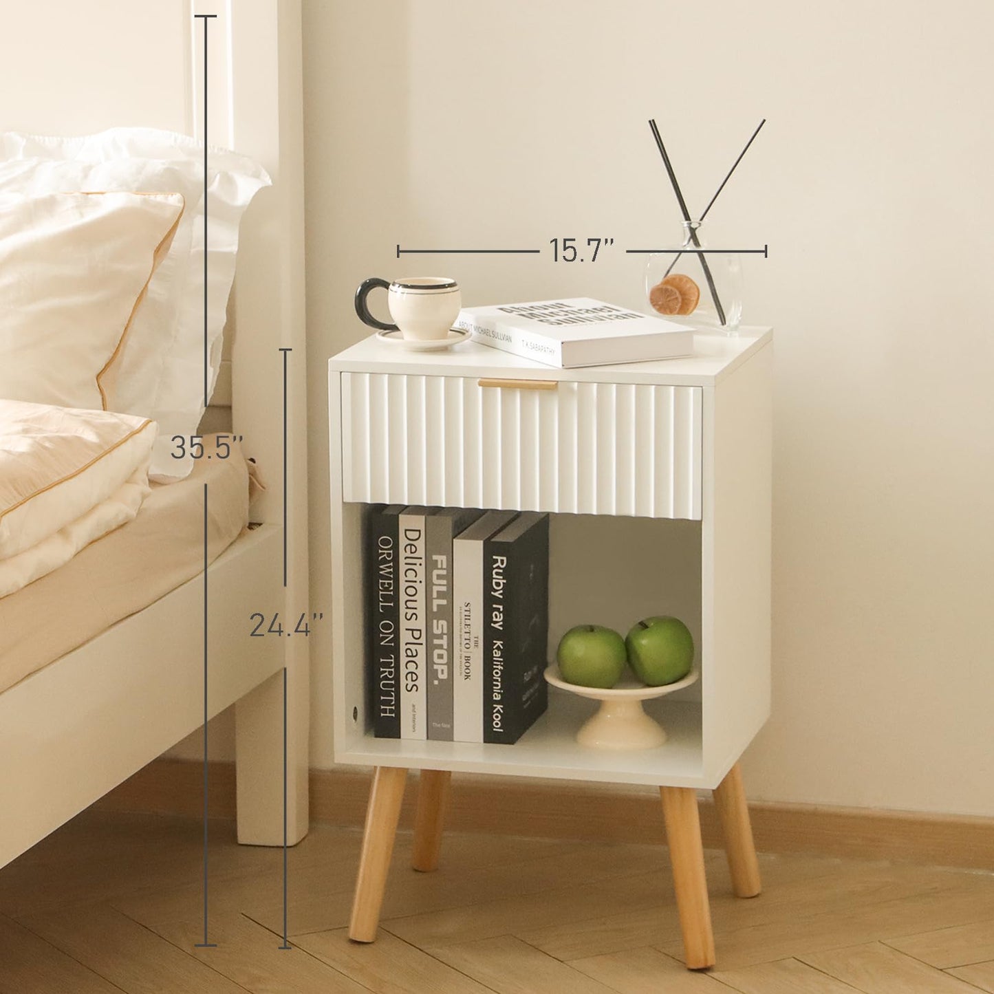 Fultyle White Nightstand, Modern Bedside Table with Drawer and Opening Storage, Fluted End Side Table Living Room with Solid Wood Legs for Bedroom (White)