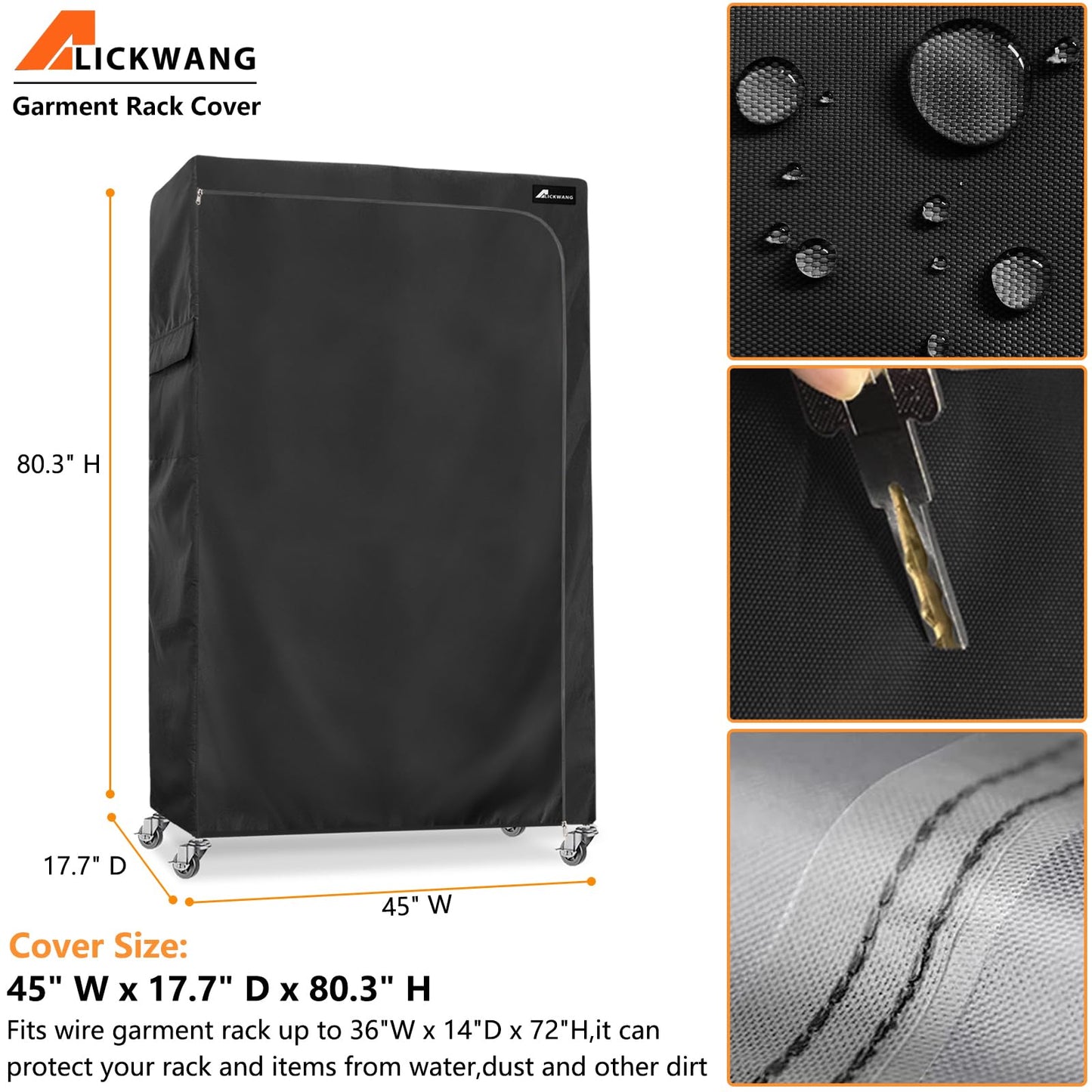 Alickwang Garment Rack Cover,Heavy Duty 600D Dustproof Waterproof Clothing Rack Cover with Zipper - Clothing Rack Covers for 45"W x 17.7"D x 80.3"H Metal Racks （Cover Only)
