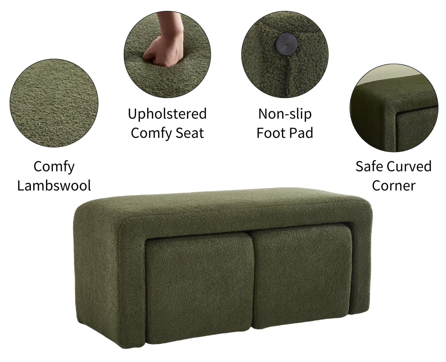 Shunzhi Modern Green Boucle Entryway Bench Set of 3 Nesting Upholstered Sherpa End of Bed Bench Rectangular Vanity Ottoman Bench with 2 Small Footrest Stool for Living Room/Bedroom/Hallway