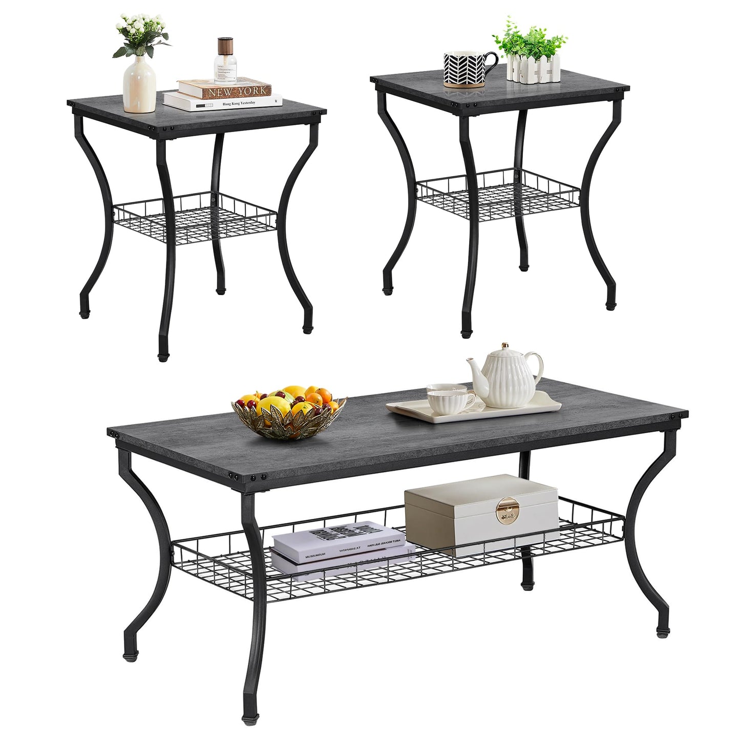 VECELO 3 Pieces Living Room Table Sets, Coffee and End Tables with Open Storage Shelves for Apartment, Home Office, Small Space, Easy Assembly, Dark Grey