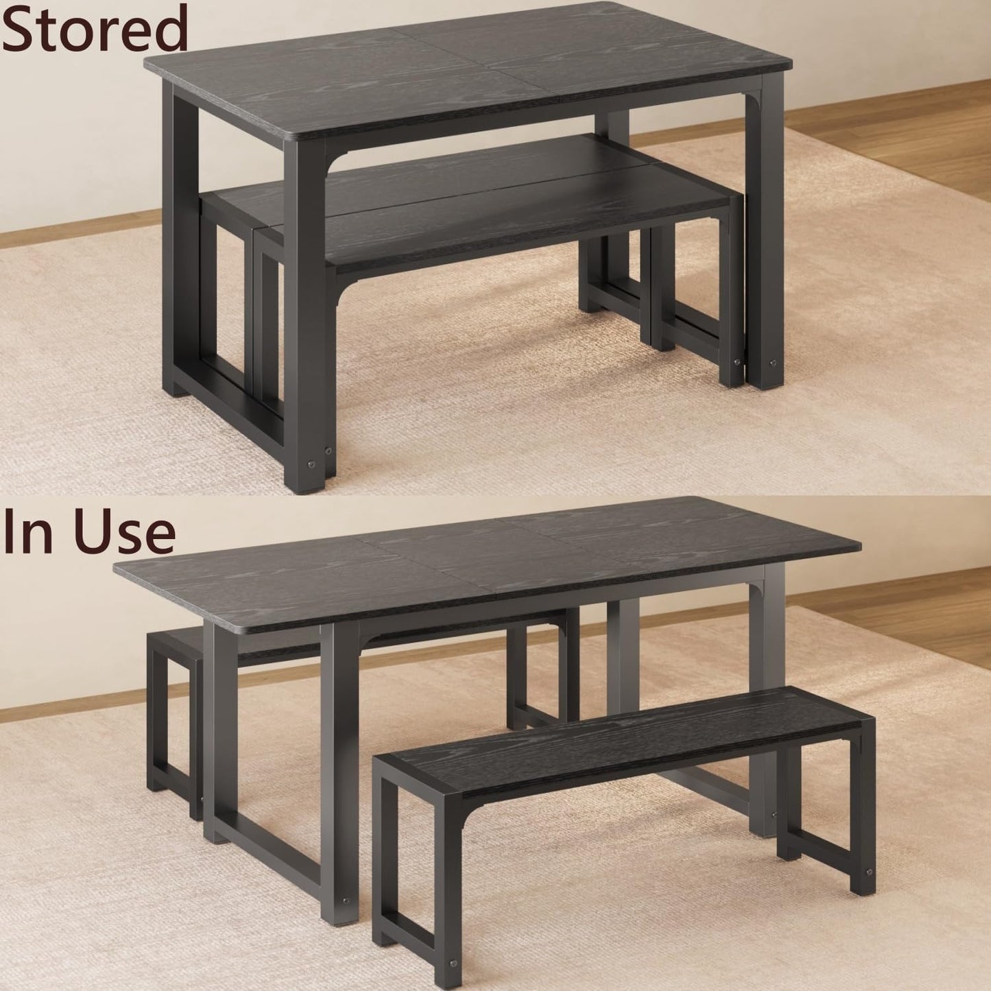 Gizoon 63” Kitchen Table Sets for 4 with 2 Benches Extendable Dining Table Set for 4 with Chairs Dining Room Table and Chairs for Kitchen Apartment Outdoor and Home Office, Black