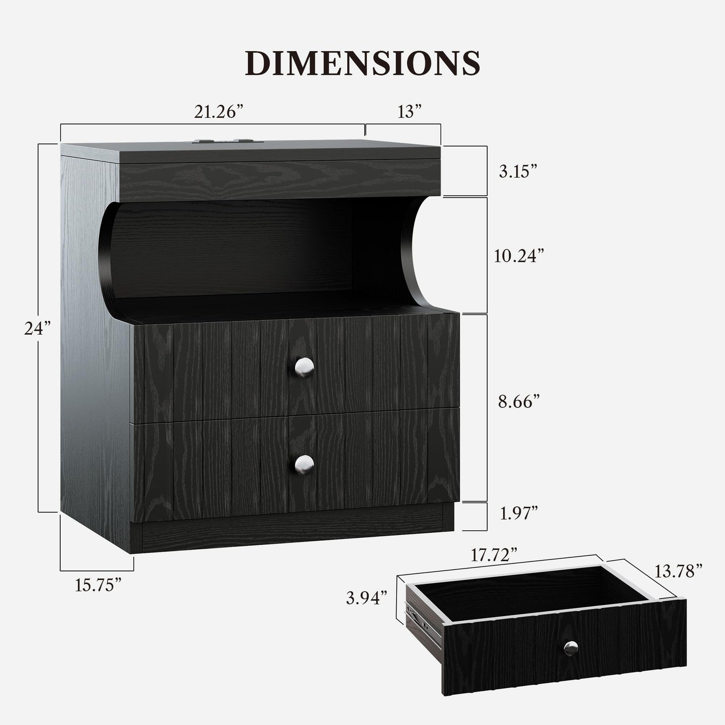 LIKEMET 21" LED Nightstand with Charging Station, End Table with 2 Drawers Storage, Side Table with Open Shelf, Black Nightstand for Bedroom, Living Room, Black