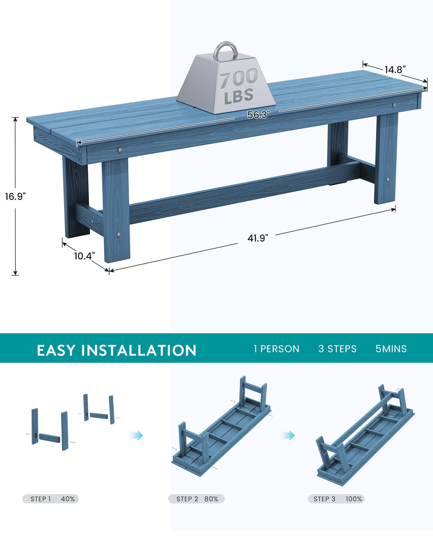 SERWALL Kitchen Table Set for 4，67" Extended Large Dining Table with 2 Benches, Blue