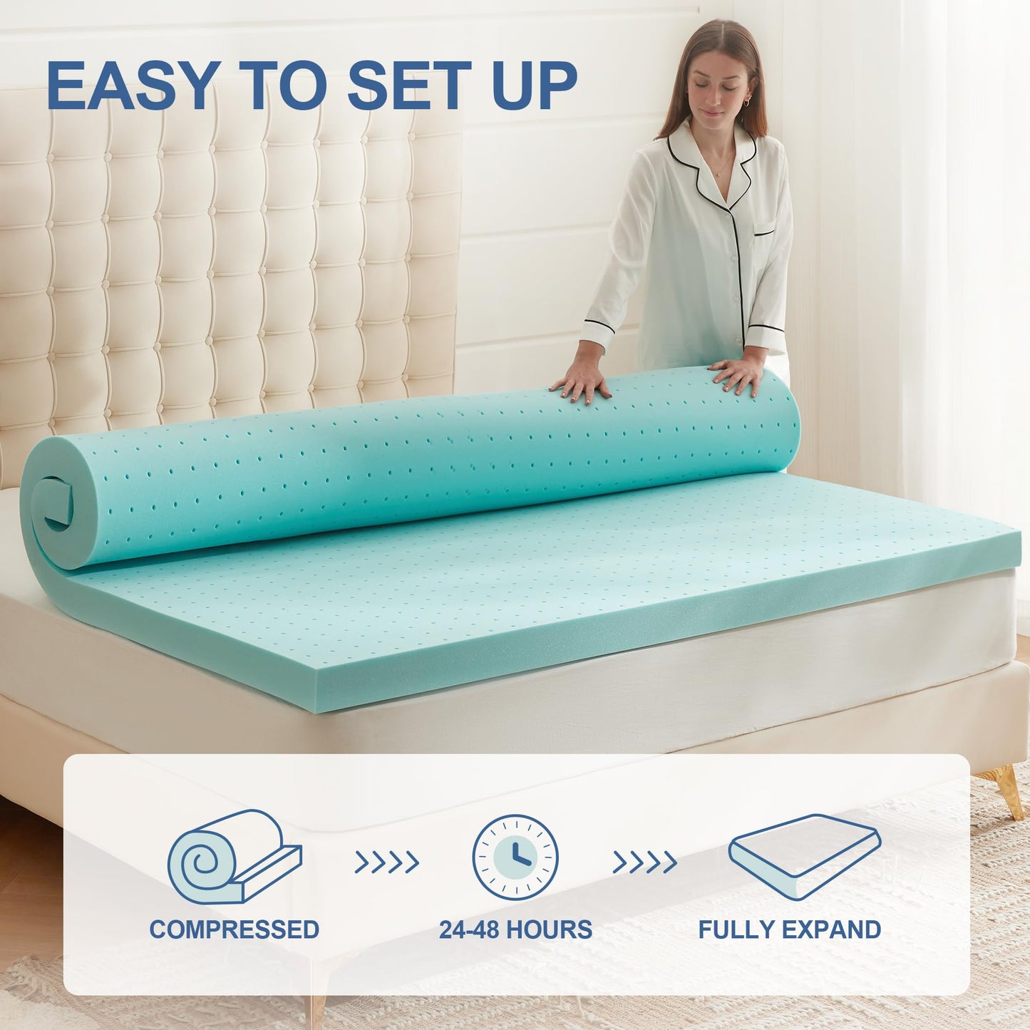 Eiayeebil 2 Inch Memory Foam Mattress Topper Queen, Mattress Pad Gel Infused Foam Bed Topper, Ventilated Soft Blue,Queen Size
