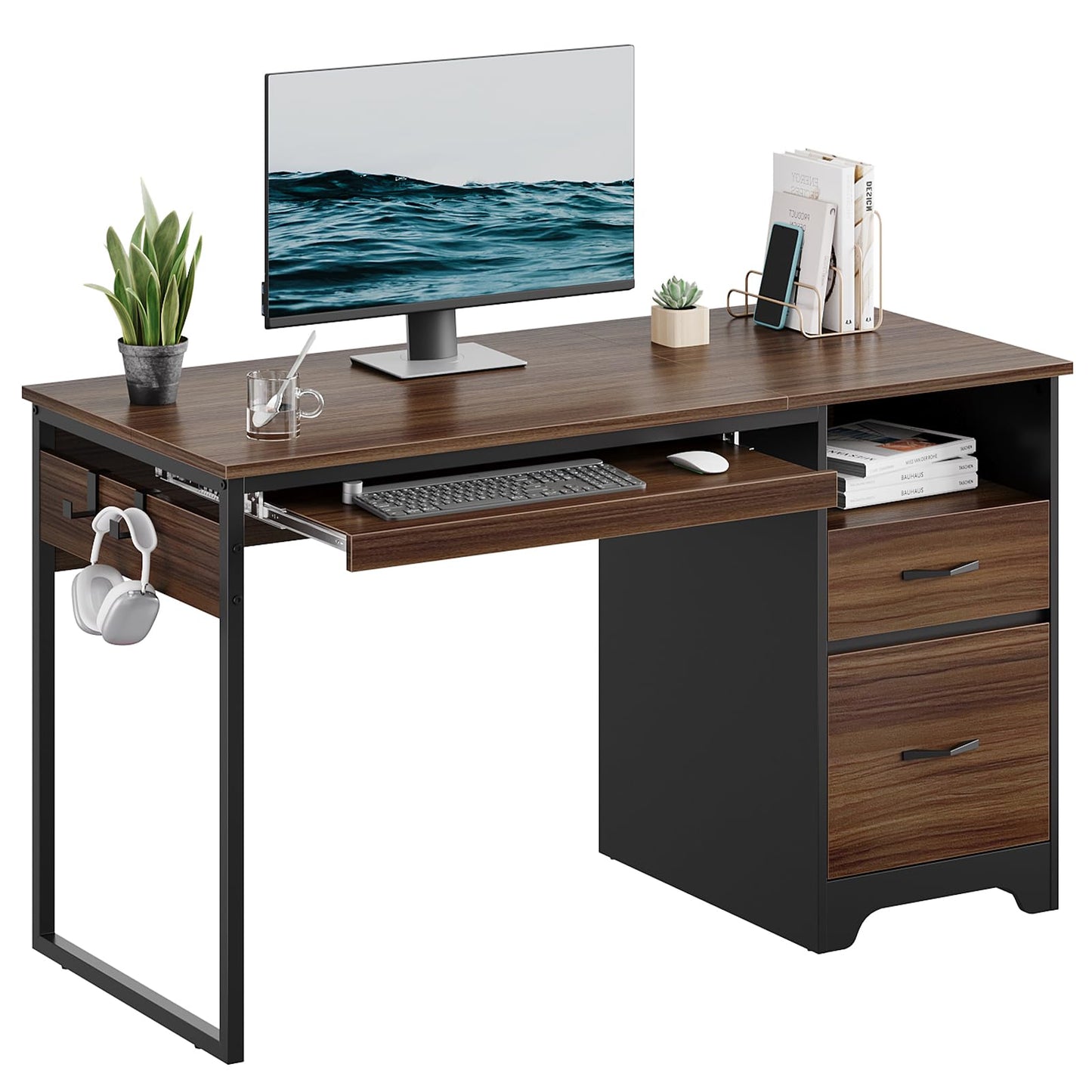 Bestier 48” Computer Desk with Drawers, Office Desk with Storage, Industrial Wood Writing Desk with File Drawer, Keyboard Tray & 2 Hooks for Home Office & Studio, Cherry