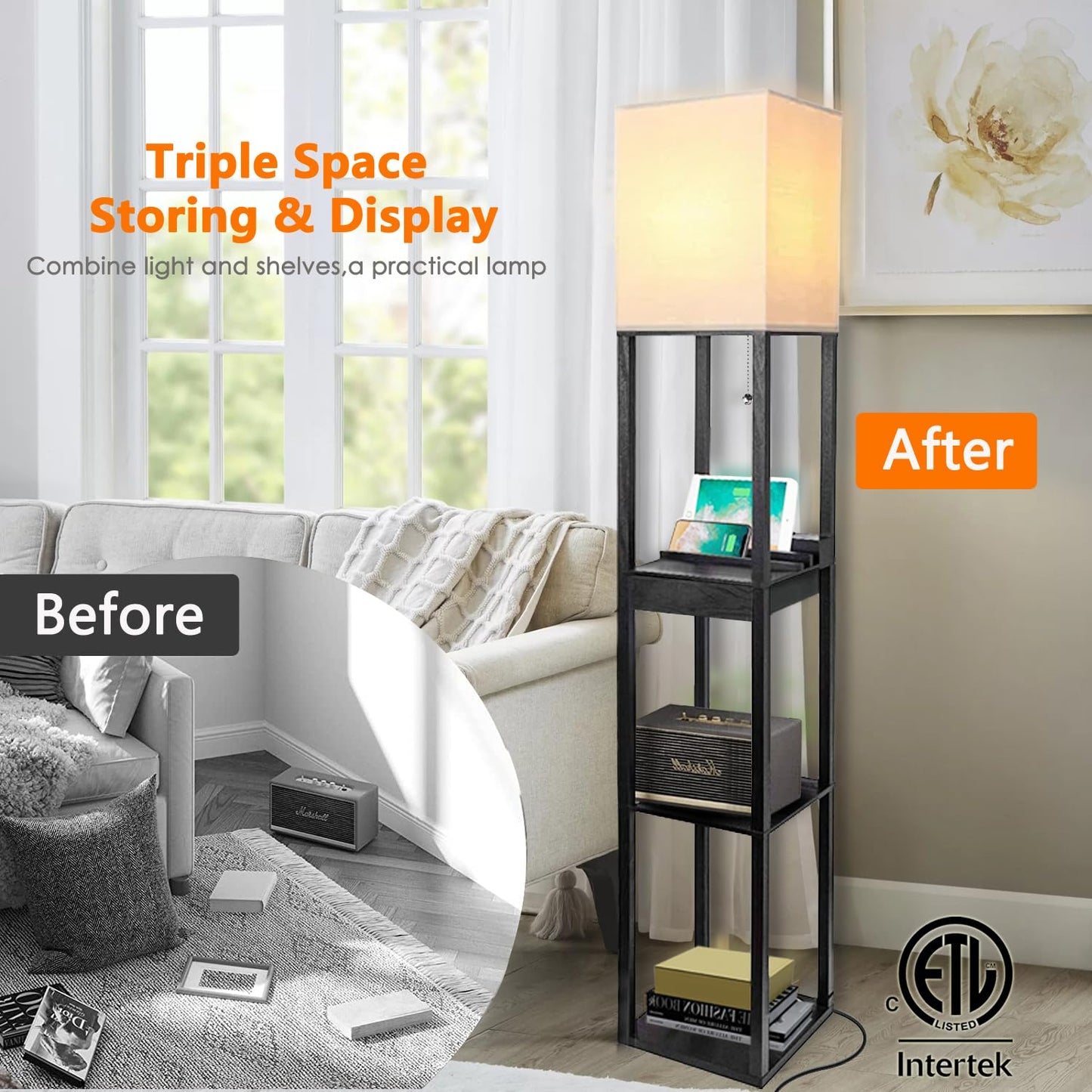 Assemer Shelf Floor Lamps for Living Room,Tall Standing Lamp with Shelves and Drawer,2 USB Charging Ports & 2 Power Outlet,Bright 3CCT LED Bulb Included - Black