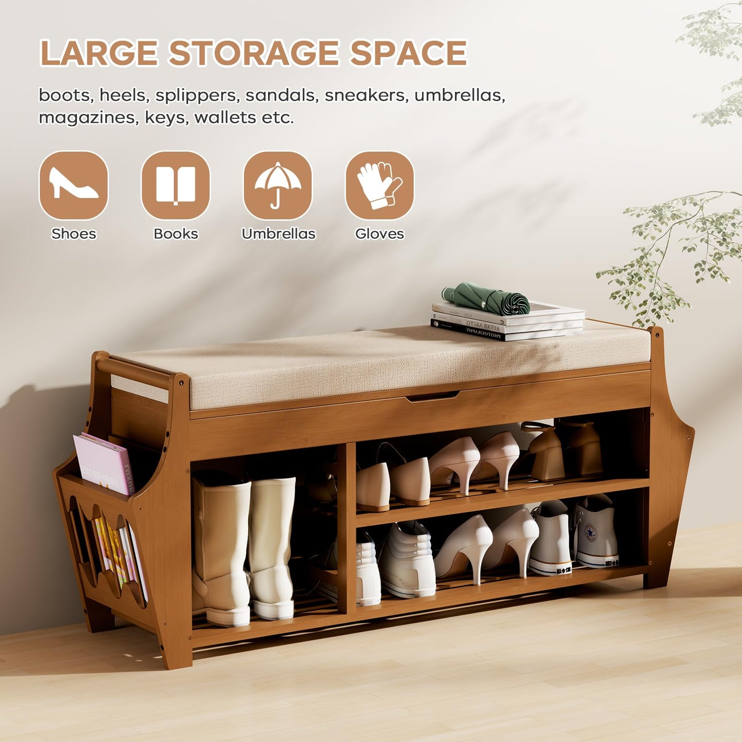 oakvivo 39.4in Shoe Bench with 2 Side Holder, 3 Tier Bamboo Entryway Bench with Storage, Shoe Rack Bench Organizer with Cushion for Entryway Hallway Living Room, Holds up to 330lbs