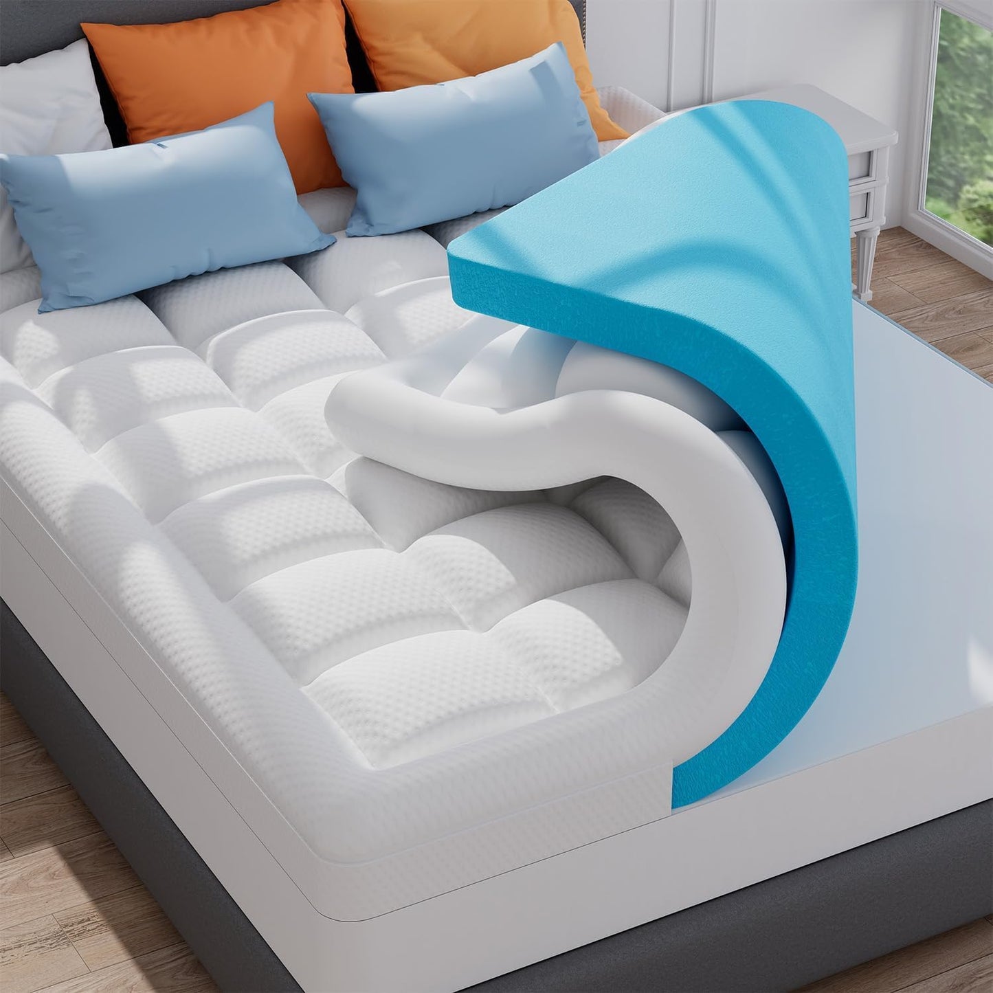 ELEMUSE Queen Size Dual Layer 3 Inch Memory Foam Mattress Topper, 2 Inch Cooling Gel Memory Foam and 1 Inch Thick Soft Pillow Top Mattress Pad Cover for Back Pain Relief, Bed Topper for Side Sleep