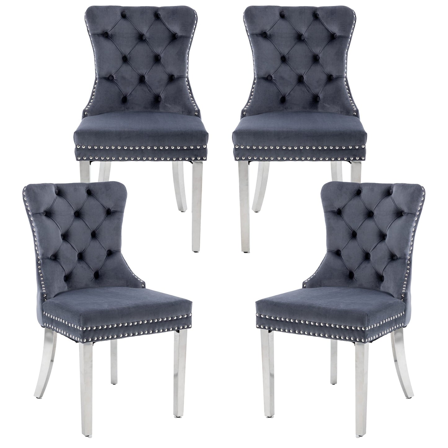 GOOLON Dining Room Chairs Set of 4, Tufted Velvet Chairs with Modern Stainless Steel Legs, Rivet Trim Metal Pull Ring Large Back for Kitchen Dining Room Restaurant, Dark Gray
