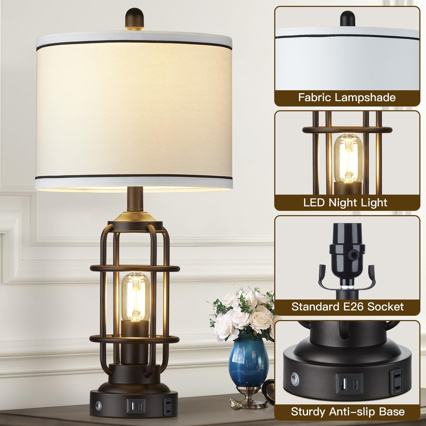 Modern Table Lamps, Industrial 3-Way Dimmable Bedside Lamp with USB A+C Ports & AC Outlet, Touch Control Rustic Nightstand Lamp LED Night Light for Living Room Bedroom Decor Home(4 Bulbs Included)