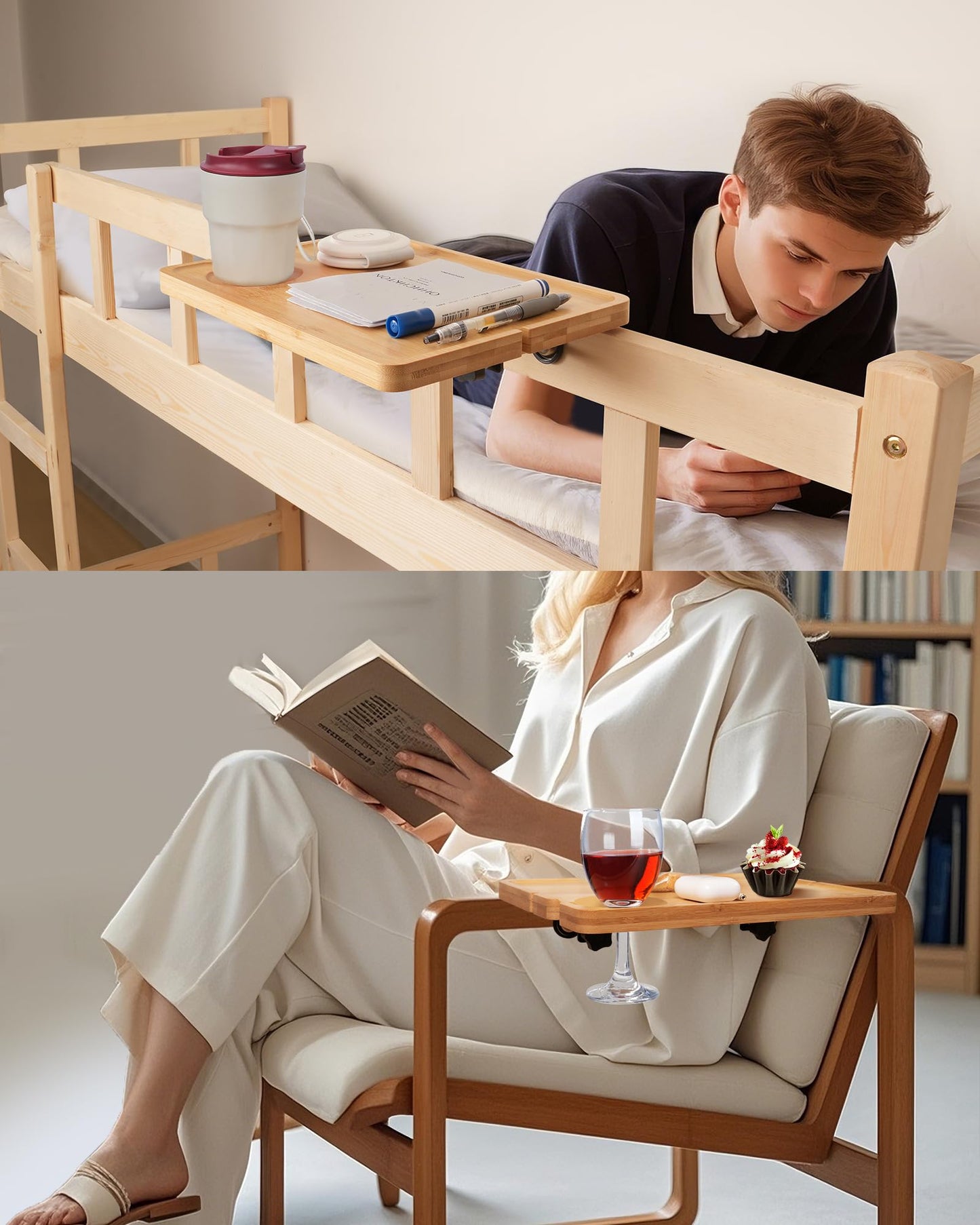 iCASA Bedside Shelf for Bunk Bed & Top Bunk, Clip On Nightstand with Cup Slot, Bed Side Table Tray, Bunk Bed Shelf with Cable Slot for Water Cup Phone Books - College Dorm Essentials - Natural Bamboo