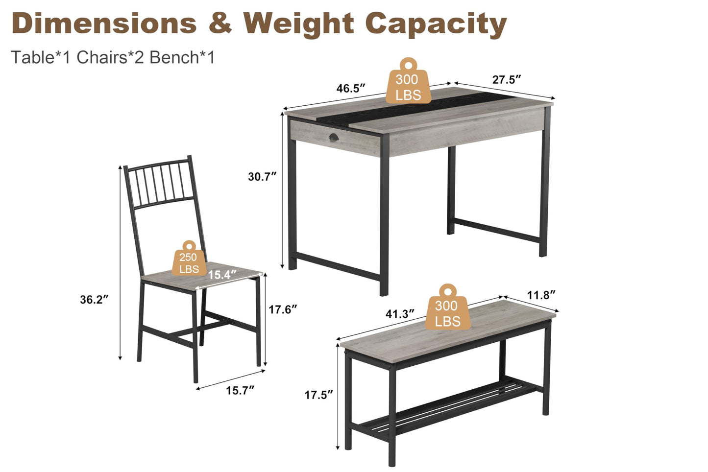 GarveeHome Dining Table Set for 4, Small Kitchen Table and 2 Chairs for 4 with Bench, Space Saving Kitchen Table Set with Storage Rack & Drawers, Breakfast Nook Rectangular Farmhouse Table Set, Grey