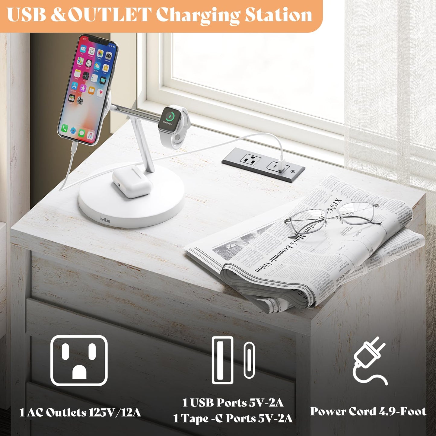 AMERLIFE Nightstand Set of 2 with Charging Station, Wood Bedside Table with 2 Drawers, Farmhouse End Table with Slated Handles & Stainless Steel Feet for Bedroom, Living Room, Distressed White