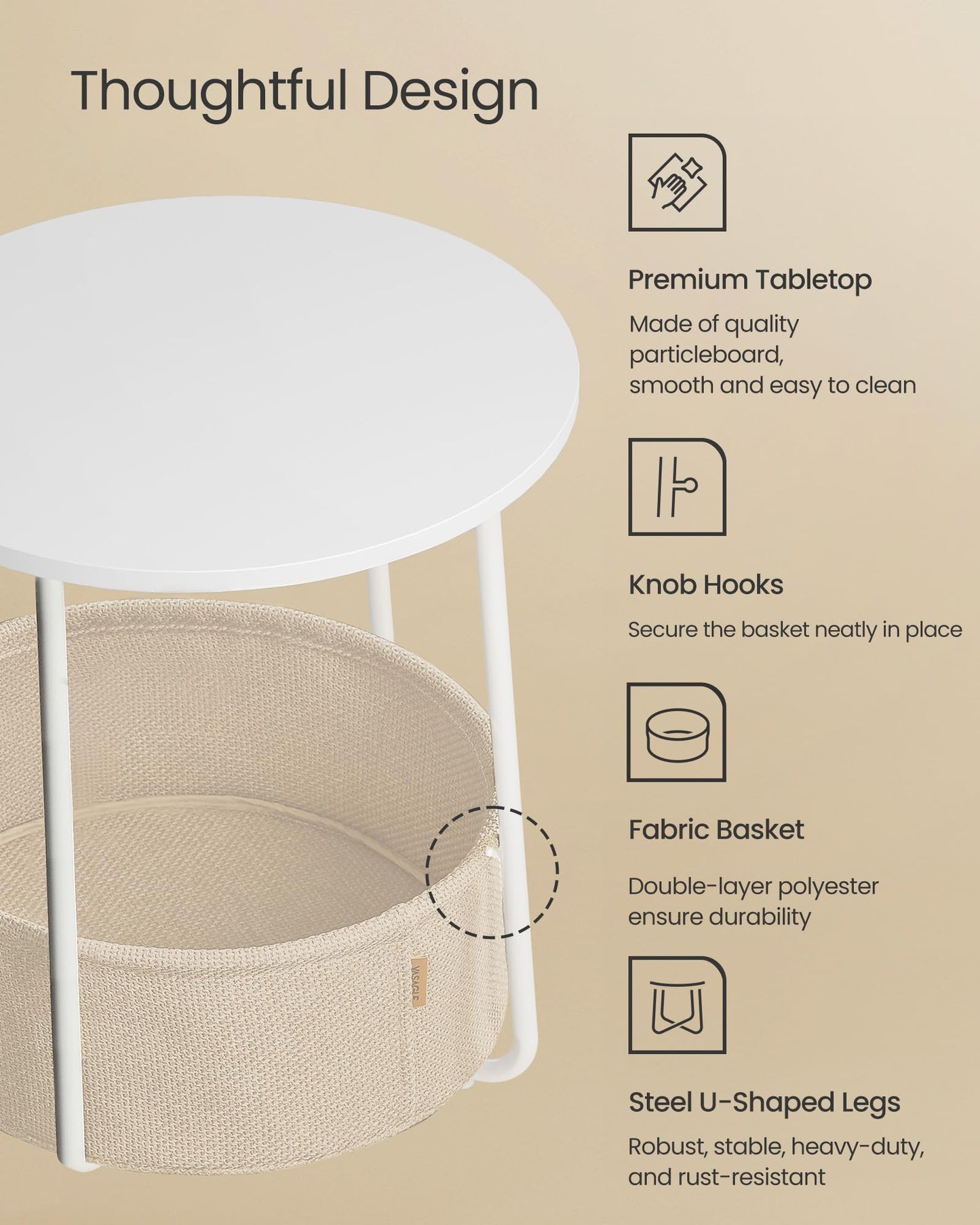 VASAGLE Nightstands, Set of 2 Small Round Side Tables with Fabric Basket, Bedside End Tables, for Bedroom, Matte White and Camel Brown ULCT665W01