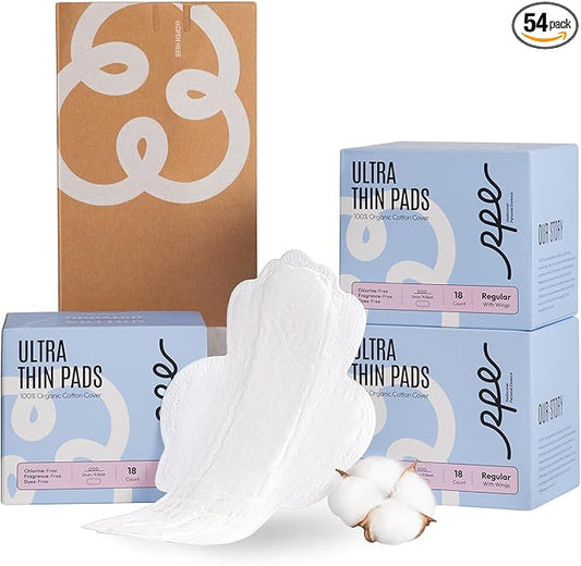 100% Organic Pads for Women 54ct, Ultra Thin Unscented Feminine Period-Pads with Wing, Regular Absorbency Sanitary Pad, Organic Cotton Pad Menstrual (Regular, Size 3, 54 Count)
