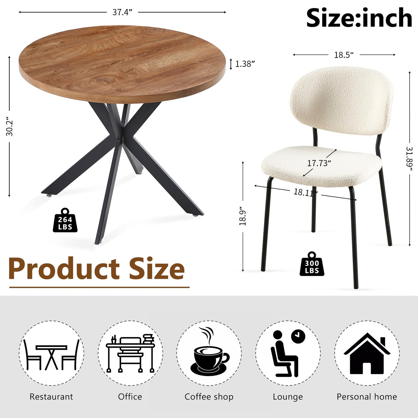 Homedot Round Dining Table Set for 4, Modern 5-Piece Kitchen Table Set, 37" Round MDF Living Coffee Table with 4 Seated Boucle Dining Chairs Upholstered, Metal Legs for Dining Hall, Living Room