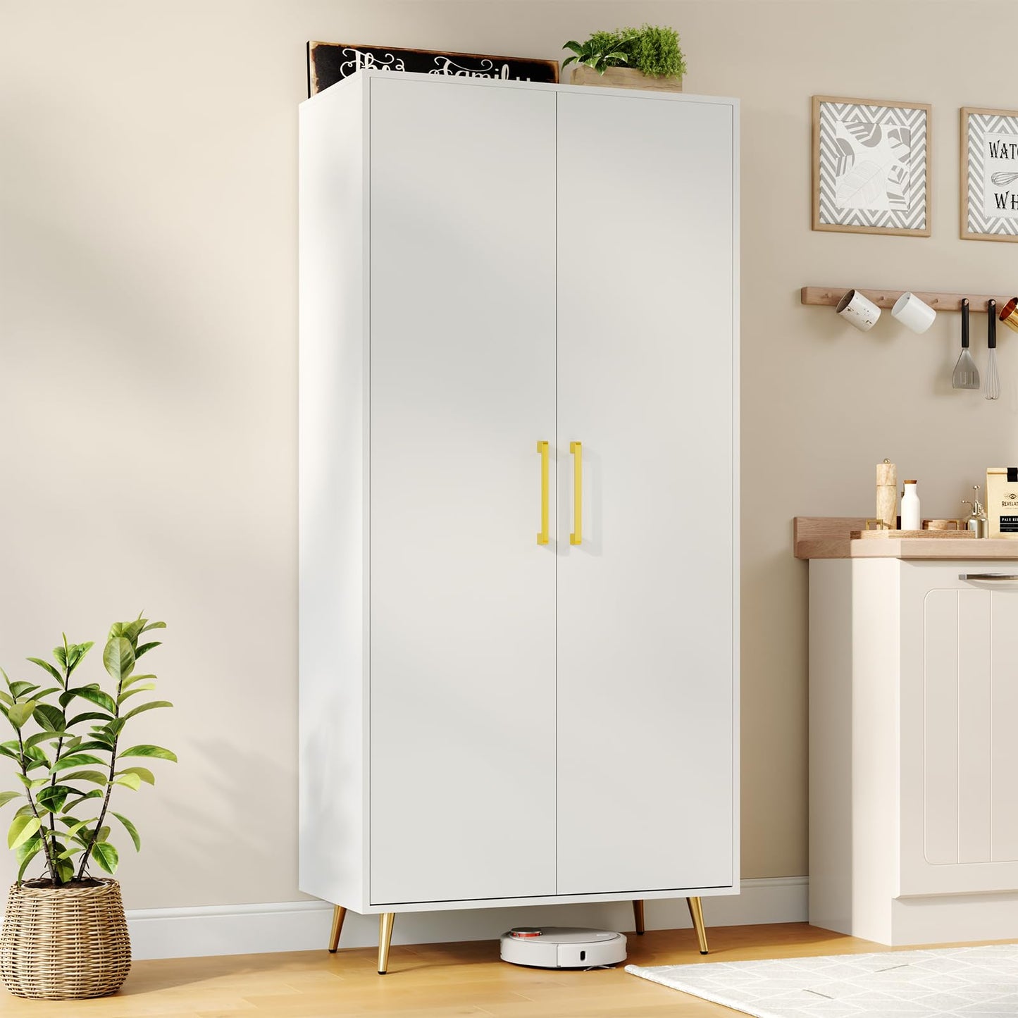 LYNSOM Tall Storage Cabinet, Freestanding Kitchen Pantry Cabinet with Adjustable Shelf and Doors, Floor Storage Accent for Kitchen, Dining Room (White)