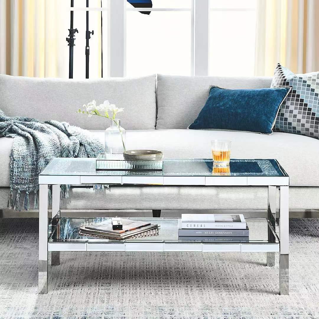 Olodumare Elegant 2 Tiers of Shiny Silver Mirrored Coffee Table, Crystals Inlay,and Stainless Steel Frame,Modern Rectangle Cocktail Table/End Table for Living Room and Kitchen, 39.5 Inches