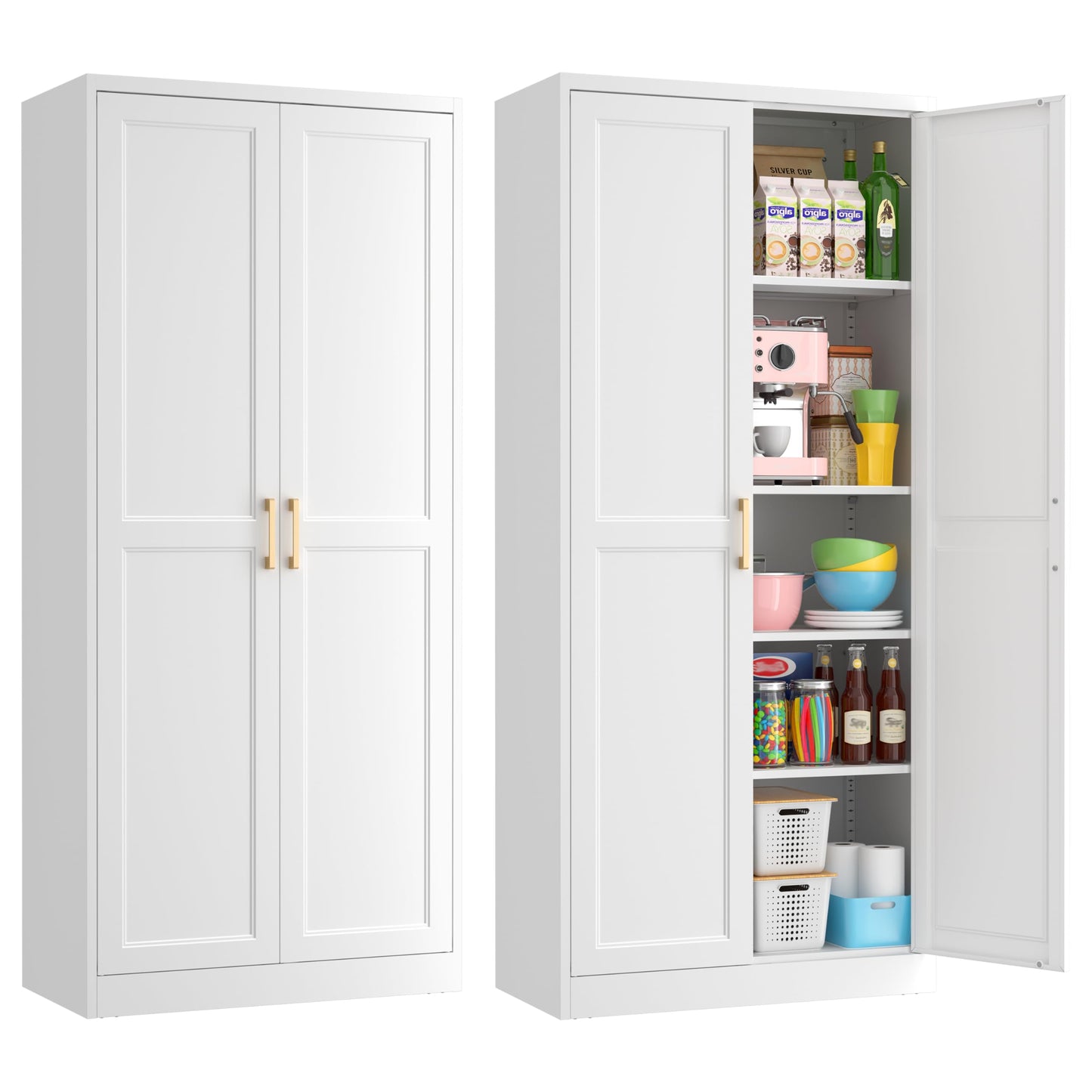 Kubohogar 71" Tall Metal Pantry Cabinet, White Kitchen Pantry Storage Cabinet with 4 Adjustable Shelves and Gold Handles, Cupboard for Kitchen, Dining Room, Living Room, Bathroom