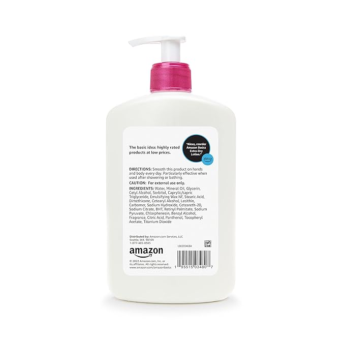 Amazon Basics Body Lotion for Extra-Dry Skin with Vitamins B5 & E, Clean Scent, 16 fl oz, Pack of 4 (Previously Solimo)