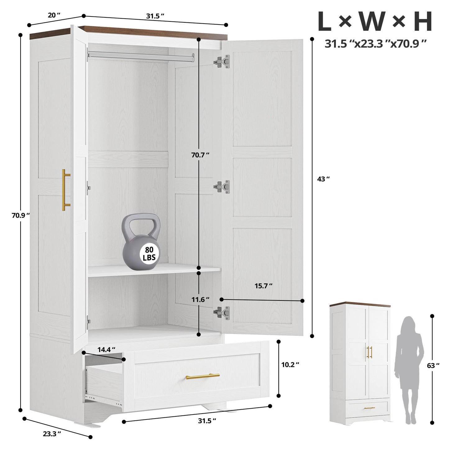 IRONCK Wooden Armoire Wardrobe Closet, 71" Tall Wardrobe Cabinet with Drawer and Door, Bedroom Wood White Clothes Storage Cabinet with Hanging Rod and Shelves