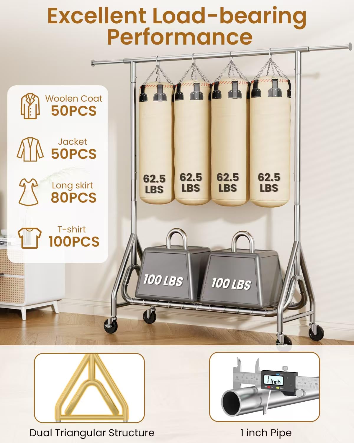 JIEJIERUI Heavy Duty Clothing Rack, Metal Clothes Rack Load 450 LBS, Rolling Coat Racks for Hanging Clothes with Lockable Wheels, Wardrobe Closet Garment Racks for Bedroom, Silver