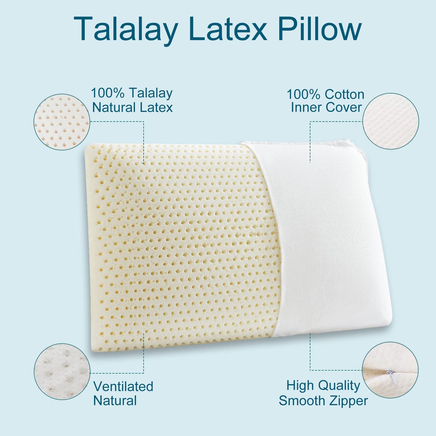 AWRFOHE Latex Pillow, 100% Talalay Natural Latex Pillow, Soft Sleeping Bed Pillows with Cotton Cover, Queen Size, Perfect for Side/Back Pain, Stomach, Neck, Stress Relief (Queen)