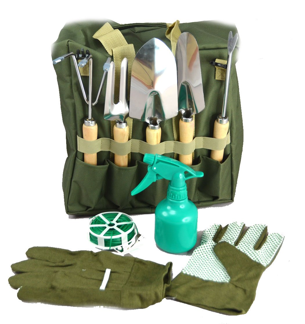 10-Piece Gardening Tool Set with Zippered Detachable Tote and Folding Stool Seat with Backrest