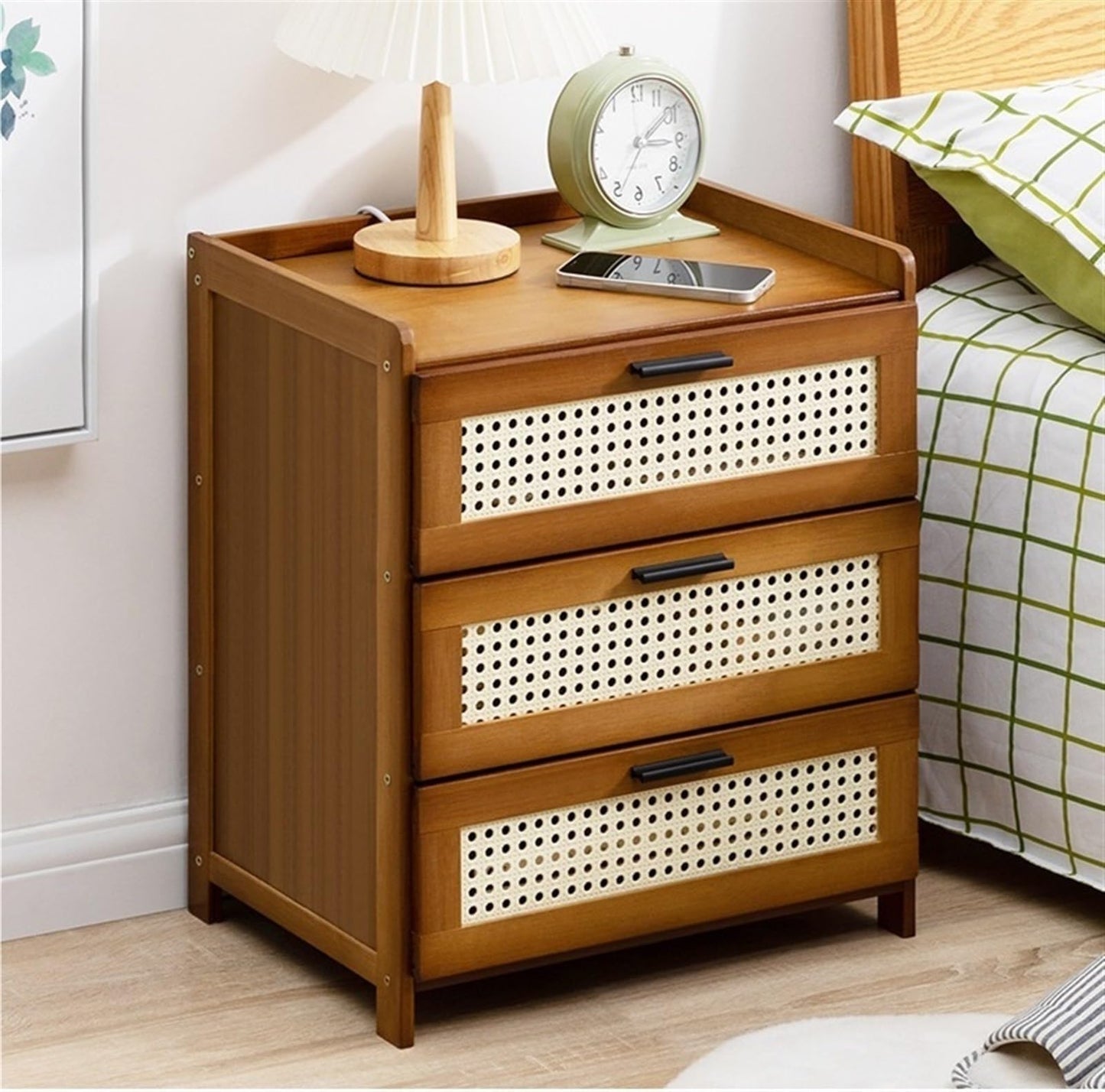 Boho Nightstand, End Table for Bedroom,Rattan Nightstand End Table,3Drawers Storage Ideal for Living Room and Small Space (Brown) ，Ideal Choice for Room(Brown)