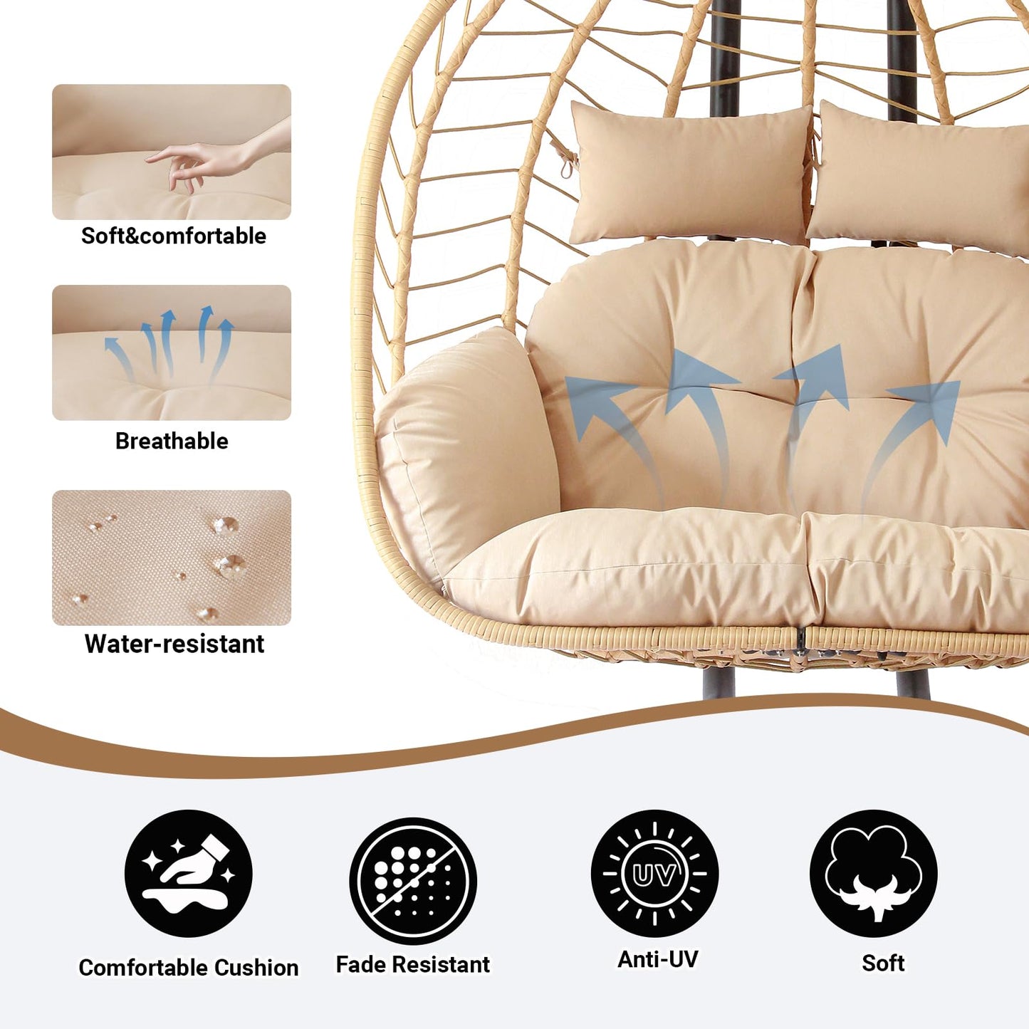 Double Egg Chair with Stand, Patio Wicker Hanging Swing Egg Chair Thickened, Galvanized Pipe Steel Frame and UV Resistant Cushion for Bedroom Garden Indoor Outdoor, 440LBS Capacity (Natural Beige)