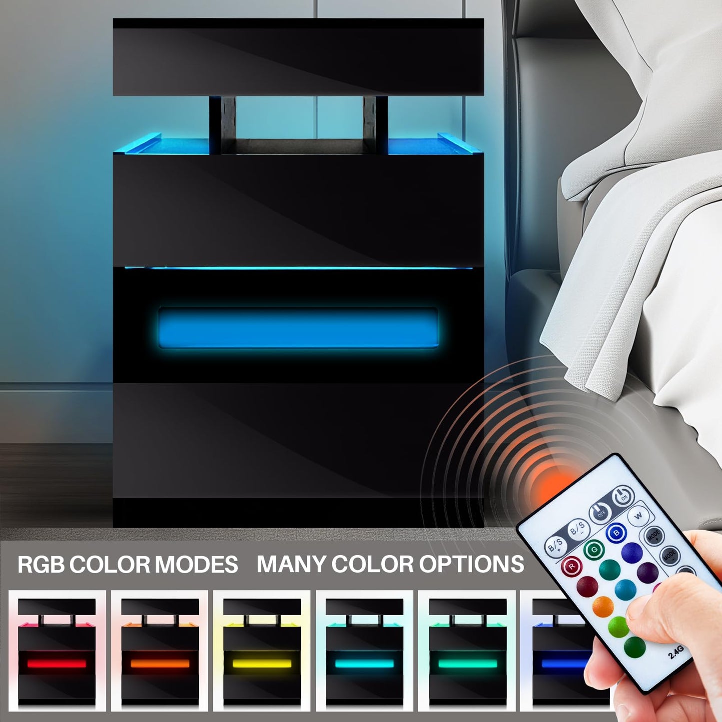 POVUD Night Stand with Gun Drawer Holder, Modern Bedside Table Nightstand with Led Lights and Hidden Locking Compartment with Power Strip Outlet and USB C Port Storage Shelves for Bedroom Black