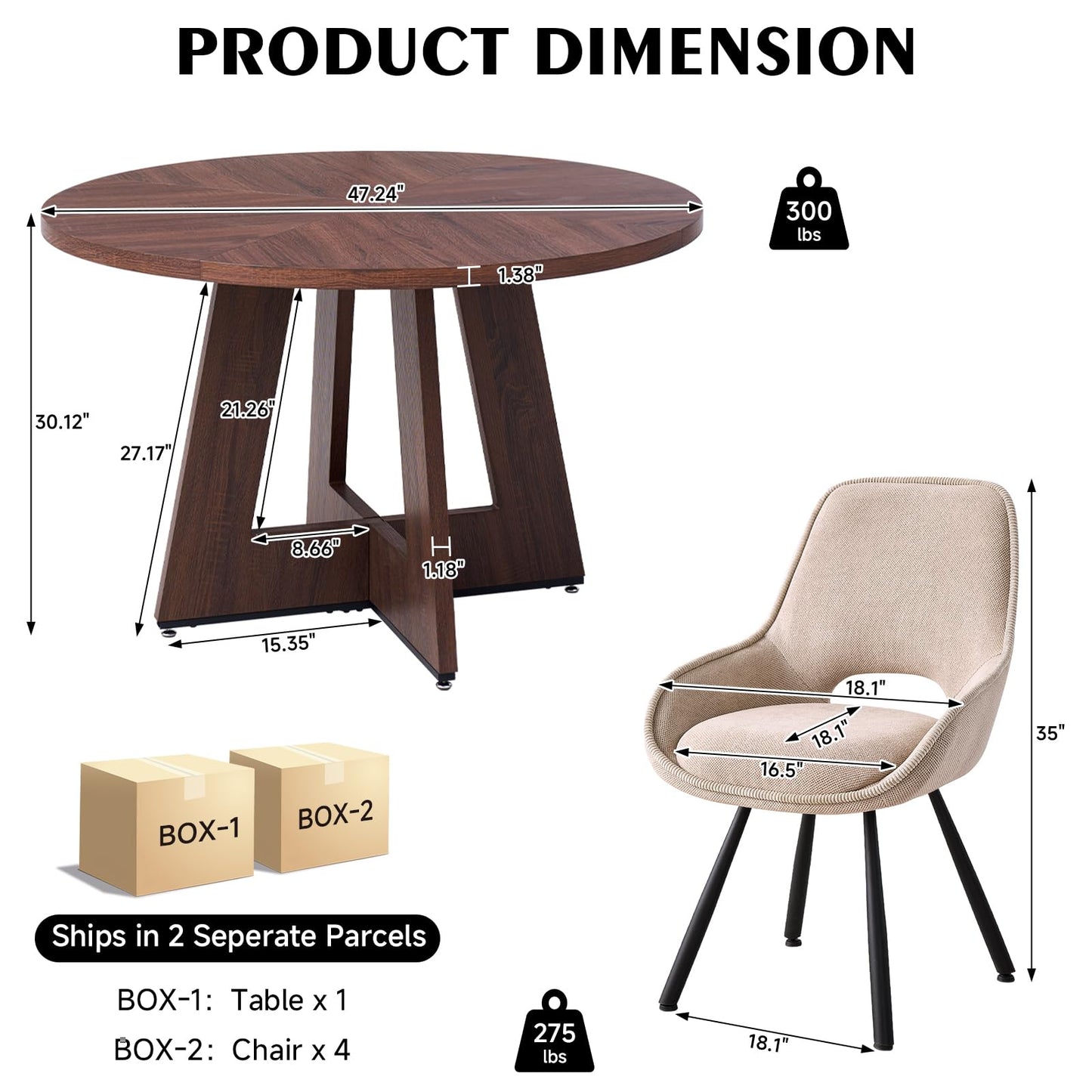 Lecafur HL 47" Round Dining Room Table Set for 4, [Fanned Base] [1.38" Thick Top] Wood Kitchen Table with 4 Swivel Dining Chairs