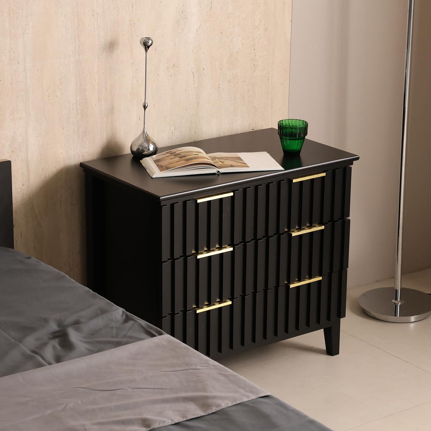 LAZZO 3 Drawer Dresser, Wood Dresser Tall with Fluted Drawer Fronts, Golden Handles and Spacious Top Narrow Small Space Storage Chest Modern Storage Cabinet for Living Room, Bedroom and Closet Black