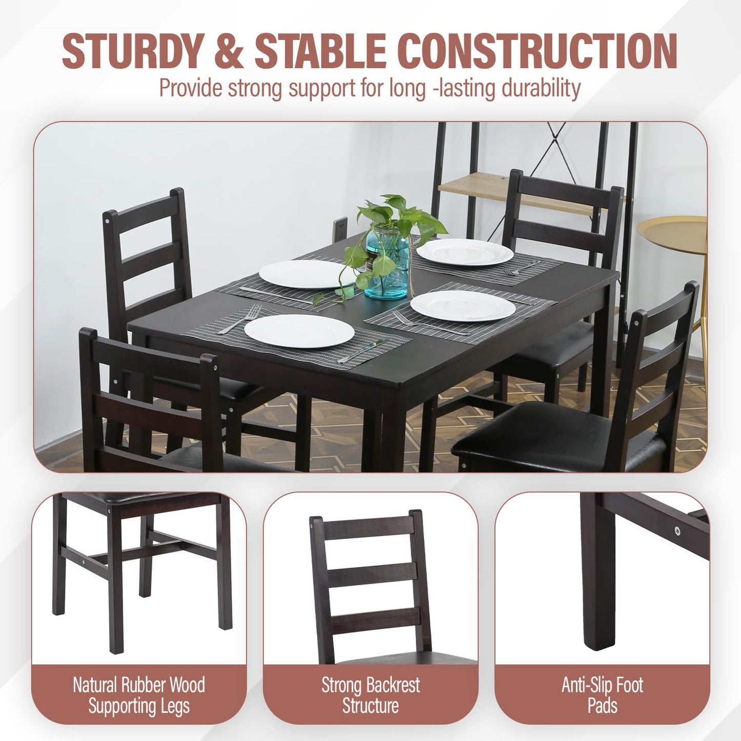 MGHH 5 Pieces Kitchen Dining Room Set Dining Kitchen Table and Chairs Mid Century Style Wood Dinette Table Set for Home Family Dining Area Dark Brown
