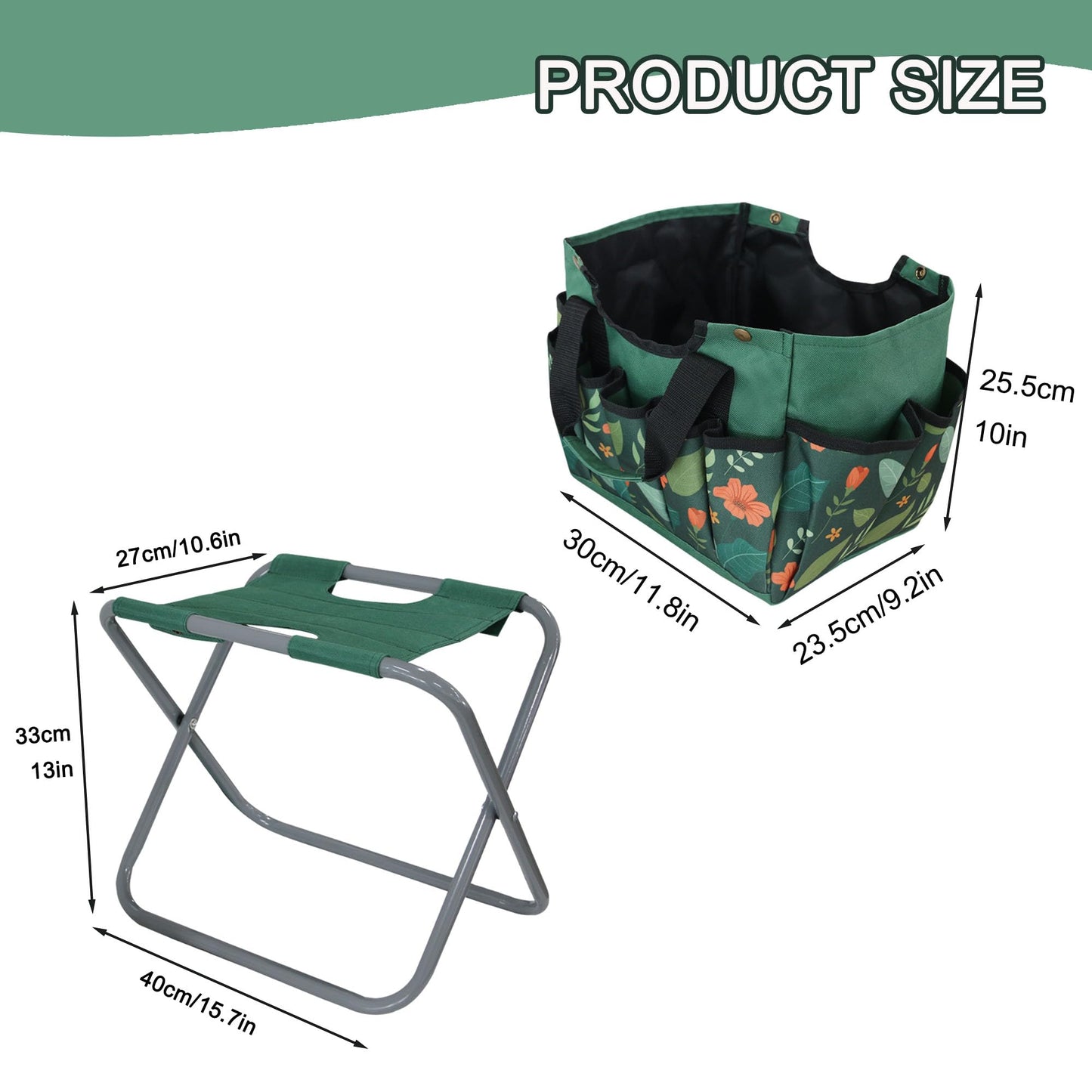 GeerDuo Folding Gardening Stool with Detachable Storage Tote Bag, Multifunctional Gardening Tools Set Organizer for Fishing and Camping,Portable Garden Chair Seat for Adults (Green Flower)
