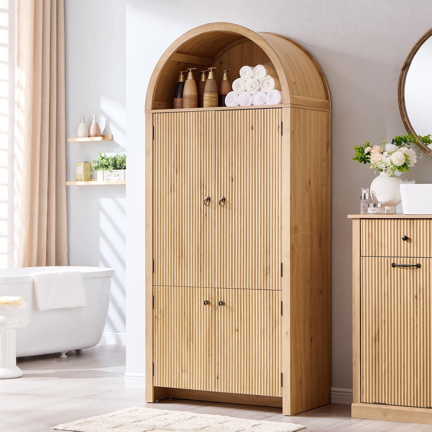 IFBUY 71" Tall Arched Bathroom Storage Cabinet, Modern Fluted Storage Cabinet w/Doors, 3 Adjustable Shelves, 6 Door Shelves, Wood Freestanding Cabinet for Bathroom, Entryway, Hallway, Natrual