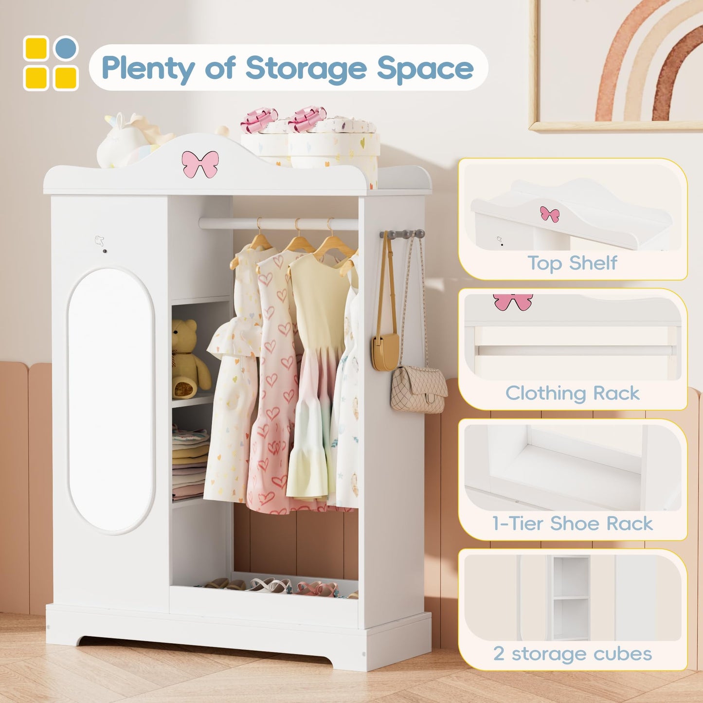 Callales Kids Armoire with Jewelry Cabinet, Kids Dress Up Storage with Shelves, Girls Wardrode Costume Organizer with Full Length Mirror, Children Closet with Armoire for Bedroom, Kids Room, Girls