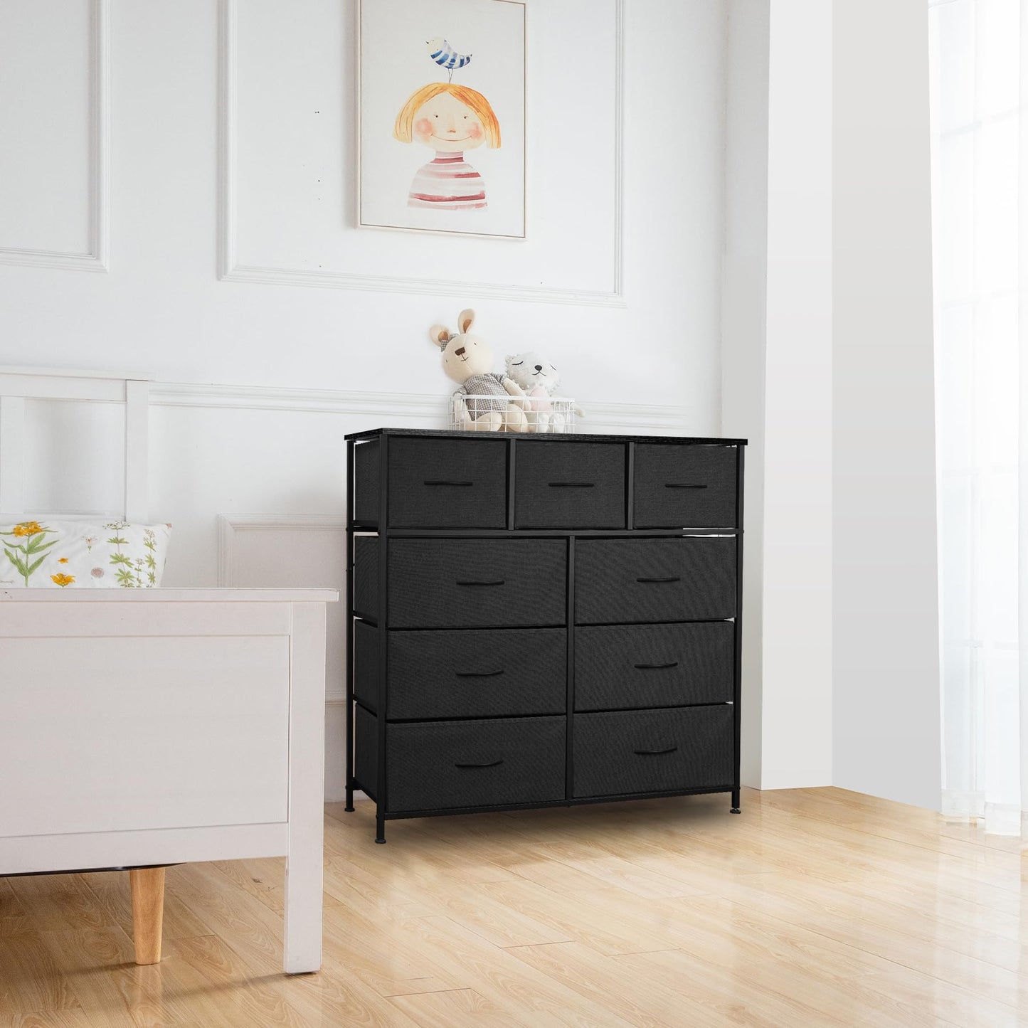 Sonharlar Dresser for Bedroom with 9 Drawers, Chest of Drawers, Storage Drawers Organizer Unit, Black Wide Fabric Dresser with Fabric Bins for Closet, Living Room, Entryway (Charcoal Black)
