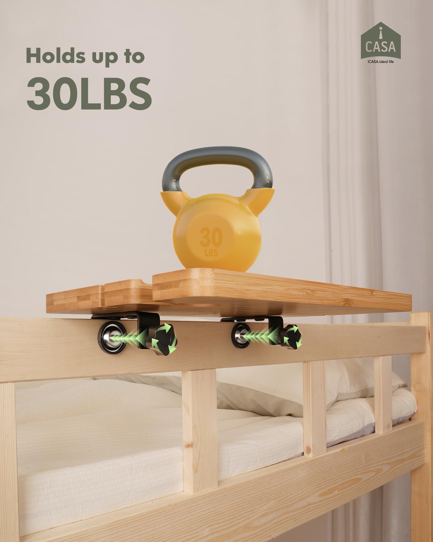 iCASA Bedside Shelf for Bunk Bed & Top Bunk, Clip On Nightstand with Cup Slot, Bed Side Table Tray, Bunk Bed Shelf with Cable Slot for Water Cup Phone Books - College Dorm Essentials - Natural Bamboo